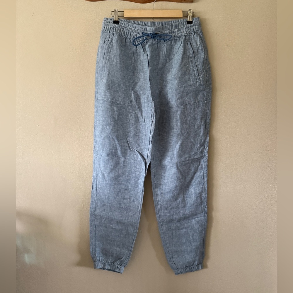 Athleta 100% Linen Drawstring Chambray Blue Joggers Size 10 Tall Coastal